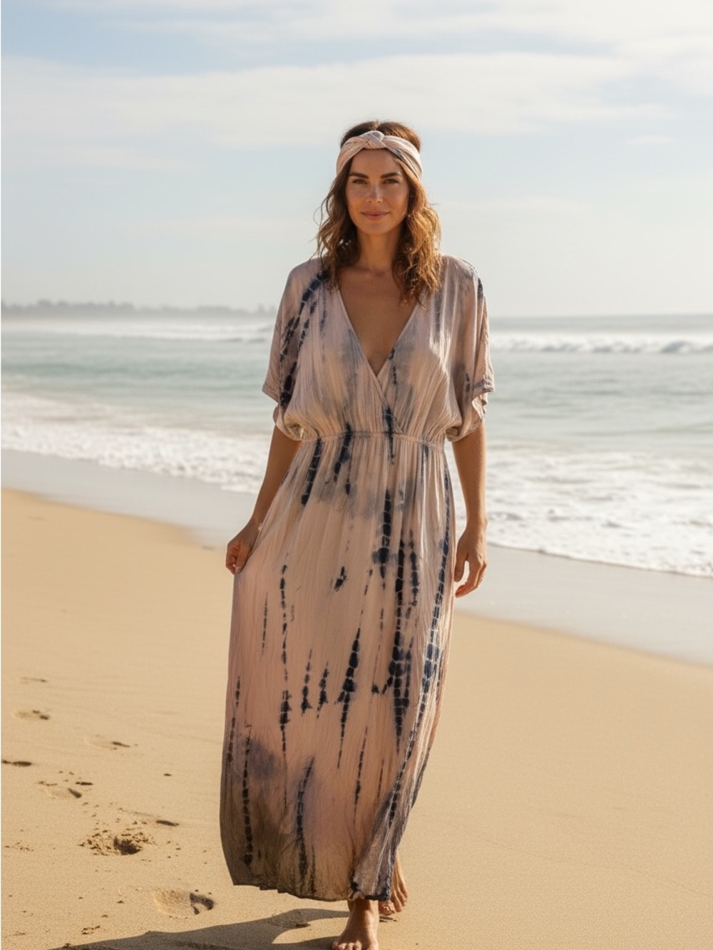 Lulus Tie-Dye V-Neck Maxi Dress in Blush with Navy Accents